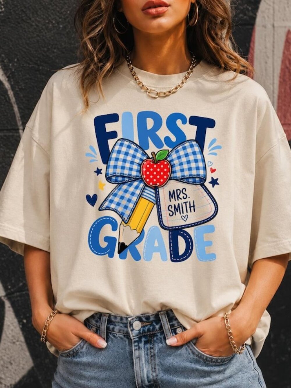 Custom Back To School T-shirt, Blue Gingham Pencil Bow Tee